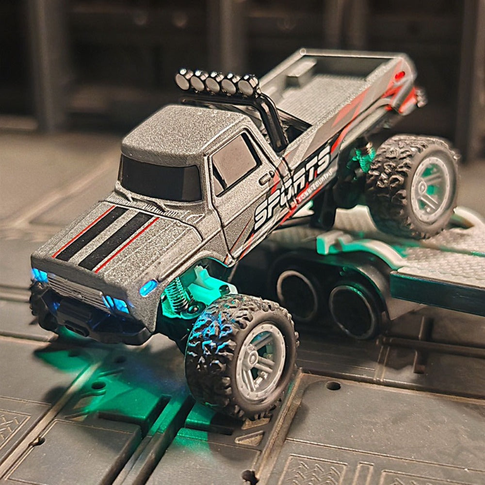 Mini RC Truck 1:64 Scale with Trailer – 2.4GHz Alloy Remote Control Monster Off-Road Pickup with LED Body Lights & Headlights, Rock Crawler Toy for Boys, Birthday Christmas Gift Green Gray Blue