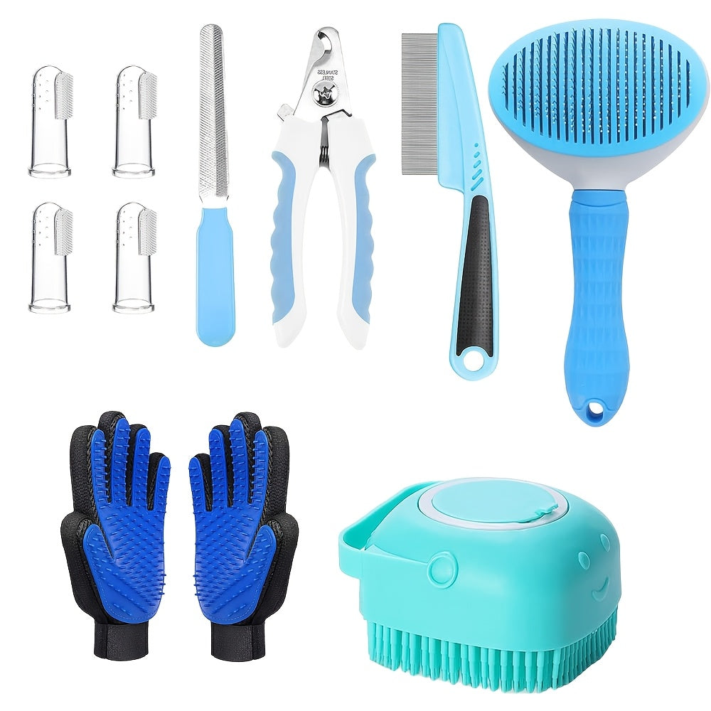 Cat & Dog Grooming Set 9-in-1 & 11-in-1 – Self-Cleaning Slicker Brush, Nail Clippers & File, Flea Comb, Shampoo Brush, Finger Toothbrush & Storage Bag, No Battery, Pink or Blue