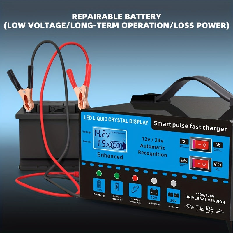 12V And 24V Intelligent Universal Battery Charger Inverter, with LCD Display Intelligent Maintenance Overcharge And Short Circuit Protection, Suitable for Intelligent Trickle Charging Maintenance of Various Cars, Yachts, And Batteries