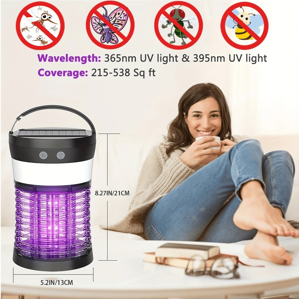 Solar Bug Zapper Electric 3-in-1 – 3000V UV 365nm Mosquito Killer Rechargeable Insect Fly Trap with White Light & Flashlight, 2100 Sq Ft Coverage for Indoor Outdoor Home Patio Backyard Camping – Black