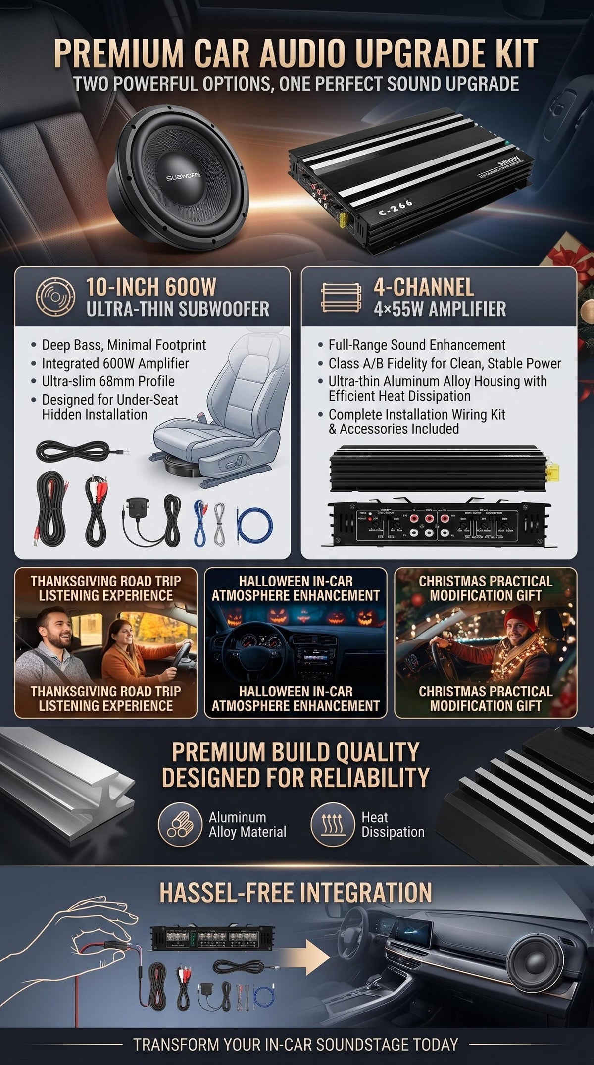 Option: 10-Inch 600W Car Subwoofer Or 4-Channel Car Amplifier. Car Audio Upgrade Kit 2-in-1 Choice, 10 Inch 600W Ultra-Thin Subwoofer Under-Seat Hidden Install, OR 4-Channel 4×55W Amplifier For Full-Range Sound Enhancement, Without Battery