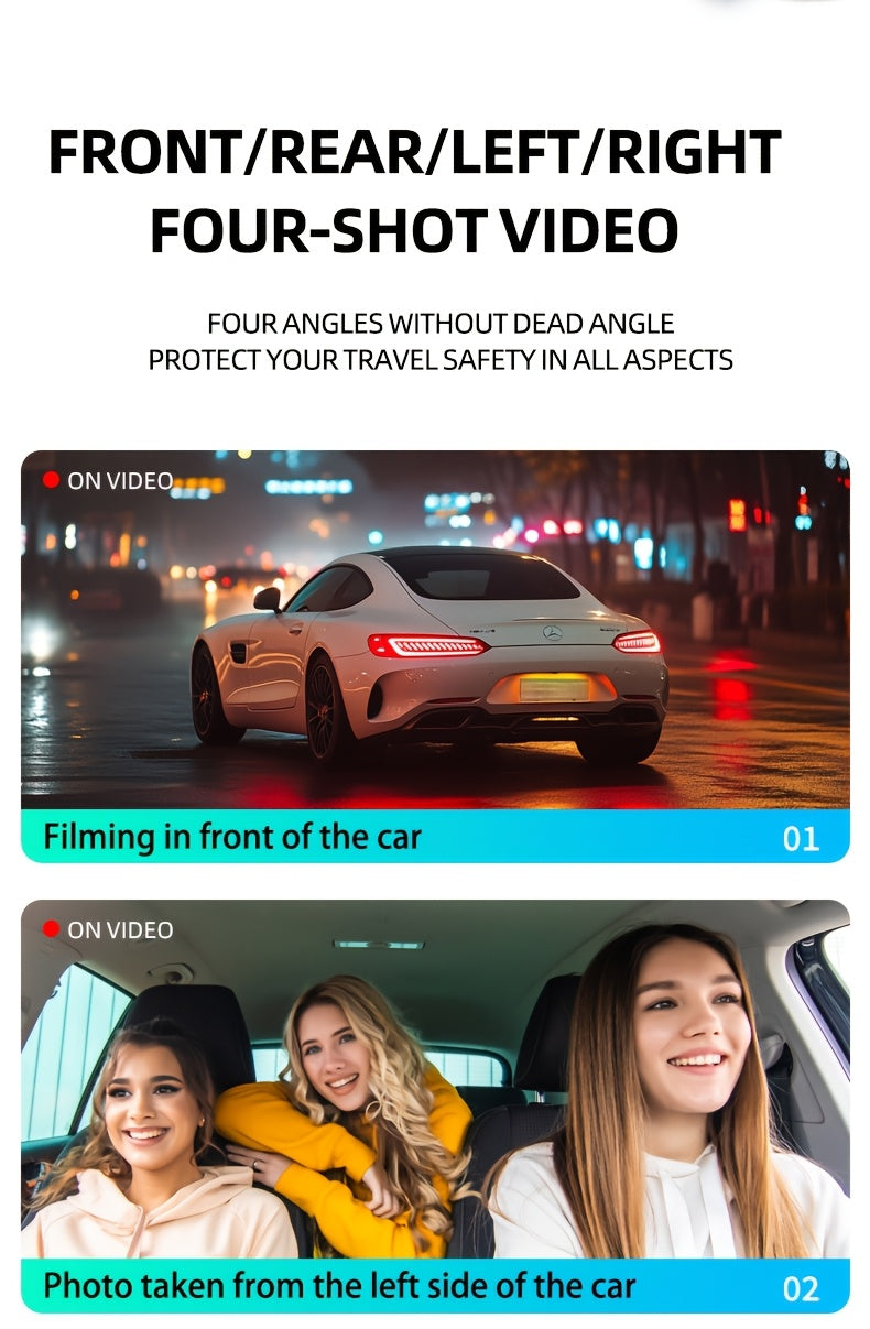 This Is a Comprehensive Driving Recorder Set Featuring Four Lenses, Offering 360-Degree Coverage with 1080P Resolution for The Front And 720P for The Rear, Sides, And Full Display. It Includes High-Definition Night Vision, WDR, G Sensor
