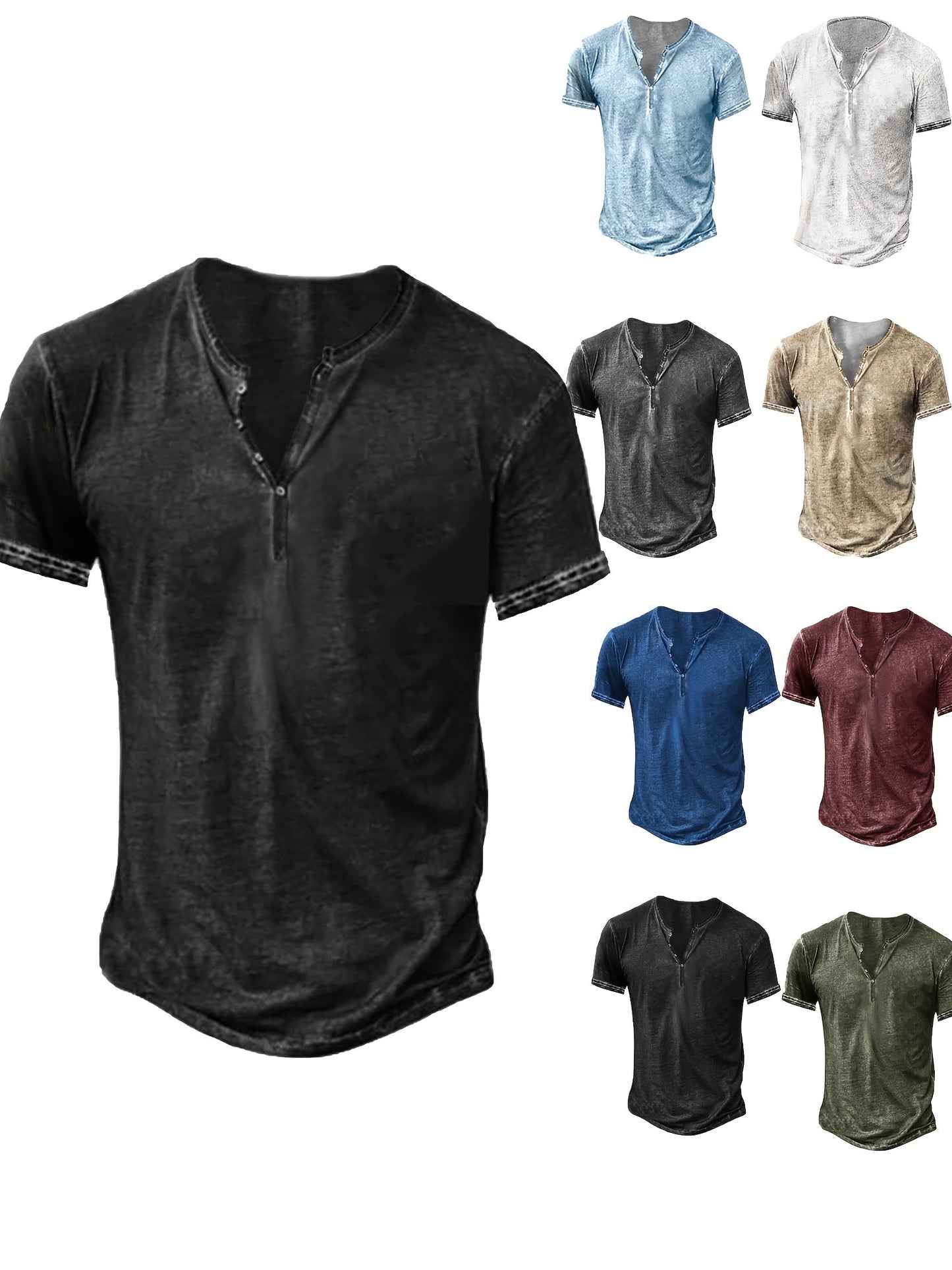 Men's Solid Color Henley Shirt - Collared Short Sleeve 408101