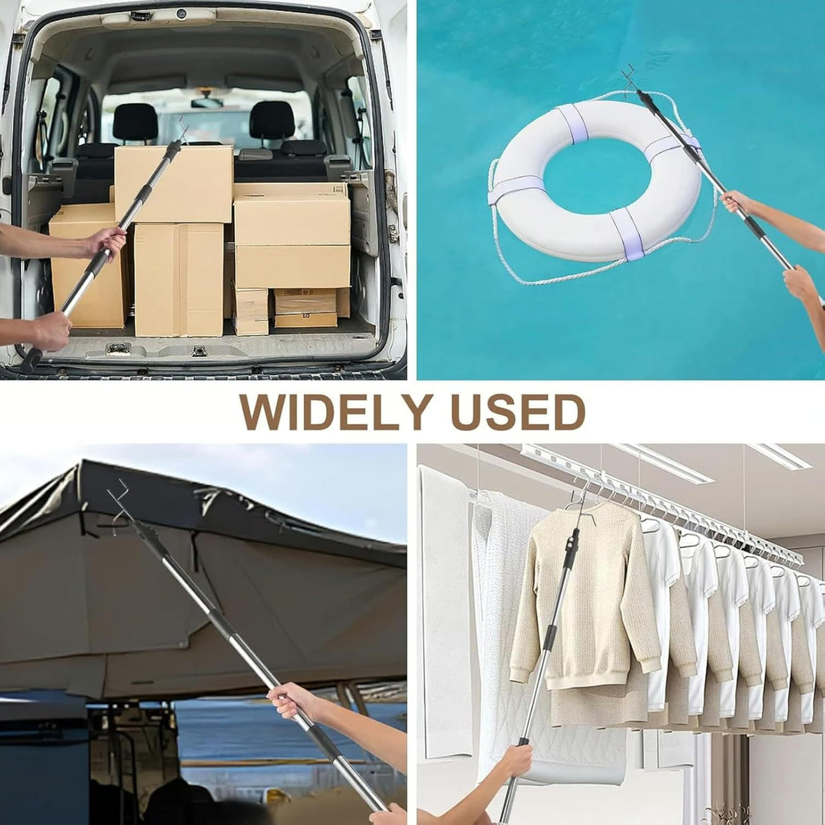 A Robust Stainless Steel Telescopic Grabber for Truck Beds, Featuring a Retractable Handle. This Heavy-Duty Tool Is Designed for Cargo Retrieval, Making It for easy to Lift And Move Heavy Items. It Serves As a Practical Accessory for Trucks with a D