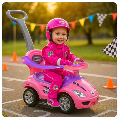 3-in-1 Toddler Push Ride & Walker Car – Baby Ride-On Toy with Guardrail, Music & Under-Seat Storage for Ages 18–36 Months | Indoor Outdoor Safe Play | Pink, Red