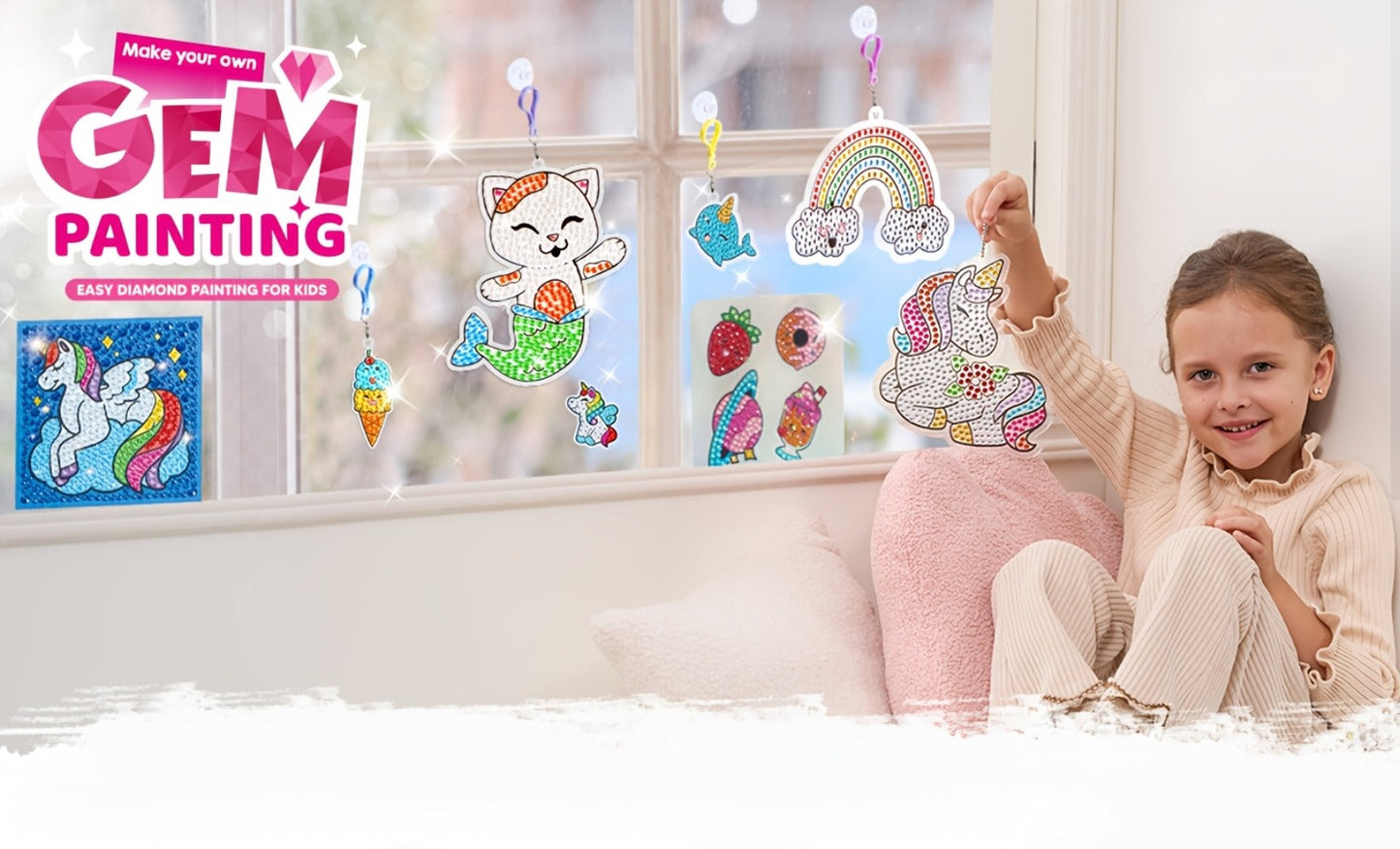 Diamond Gem Painting Kit for Girls Ages 6+ 16 Projects – 5D Gem Art Set with 2800+ Gems Unicorn Suncatchers Keychains Necklaces Stickers, All-in-One Arts Crafts Birthday Christmas Gift