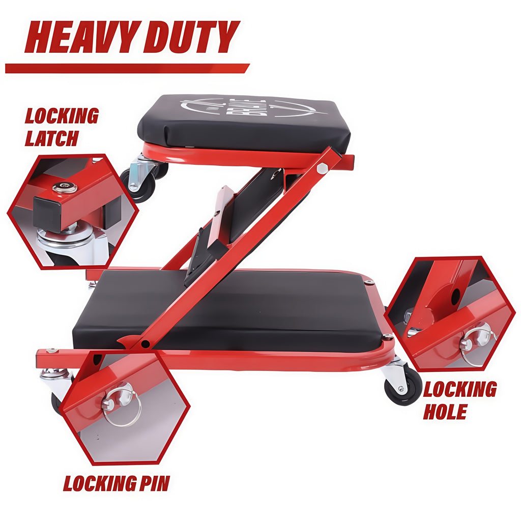 36" Heavy-Duty 3-In-1 Folding Crawler. Professional-Grade with Adjustable Z-Seat (Tilt/Recline). Features 6 Lockable Casters And A 350-650 Lb Capacity. The Essential Red/Black Tool for Multi-Purpose Automotive Repair