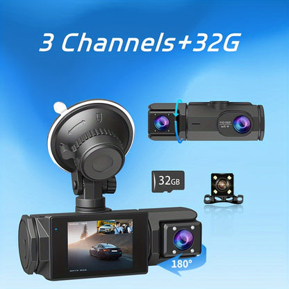 Dash Cam 3-Channel Front Inside Rear – 1080P 170° Wide Angle WiFi Night Vision Loop Recording G-Sensor with 2" IPS Screen & 32GB Card