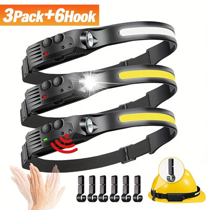 Motion Sensor COB Headlamp 3 Pack + 6 Hooks, 230° Wide Beam Rechargeable LED Head Lamp, 5 Modes COB & LED Headlamps for Adults, Hard Hat Headlight, Headband Flashlight for Camping, Work & Hiking