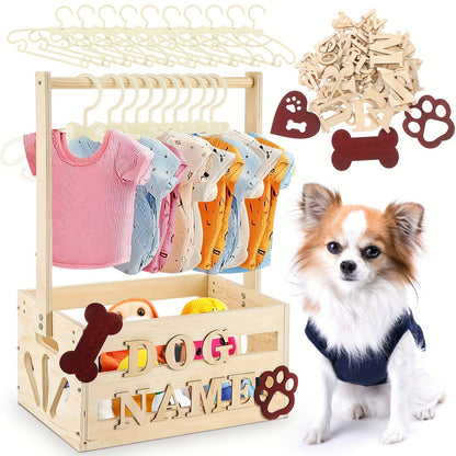 Wooden Pet Wardrobe Storage Box 20"x13"x9" – Dog & Cat Toy Organizer with Hanging Pole & PET Letters | Easy Assemble Basket for Pet Clothing, Accessories & Toy Storage, Natural Wood
