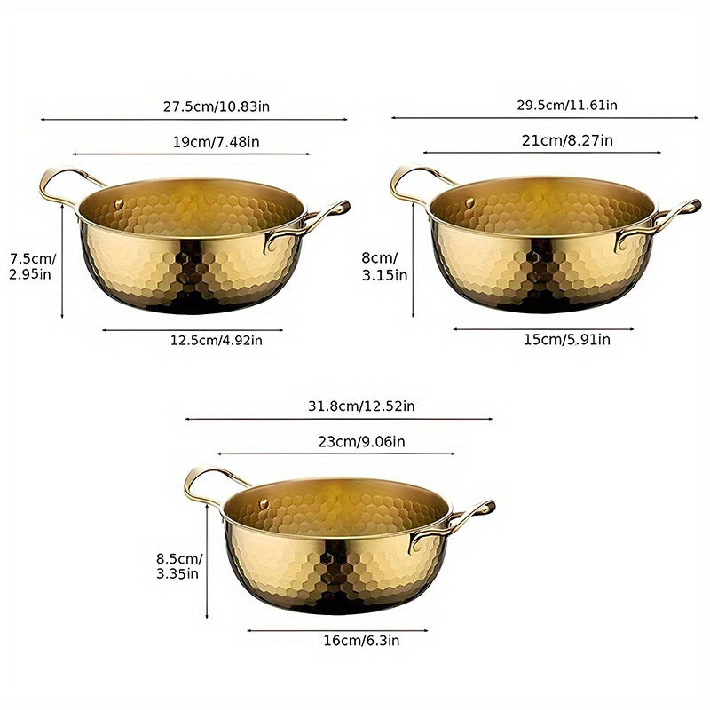 3-Piece Golden Stainless Steel Ramen Pot Set with Lids – Non-Stick Dishwasher Safe Cookware for Noodles Soups Curries – Textured Surface Pots for Home Camping Outdoor Parties Picnics