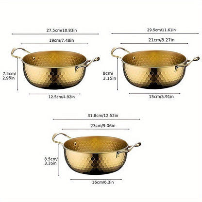 3-Piece Golden Stainless Steel Ramen Pot Set with Lids – Non-Stick Dishwasher Safe Cookware for Noodles Soups Curries – Textured Surface Pots for Home Camping Outdoor Parties Picnics