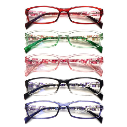 Reading Glasses 5 Pack for Women and Men Blue Light Blocking Readers Rectangular Spring Hinge Frame Anti Eyestrain Computer Reading Glasses Lightweight Fashionable Multi-Color Set Magnification 1.0 to 4.0