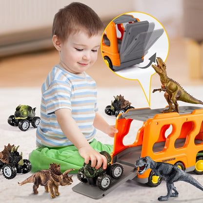 Push-Action Dinosaur Truck Toy 7-in-1 for Kids Ages 3-5 with 3 Dino Figures & 3 Mini Cars – Friction Vehicle LED Lights & Roaring Sound Effects Monster Dino Car Birthday Christmas Gift Boys
