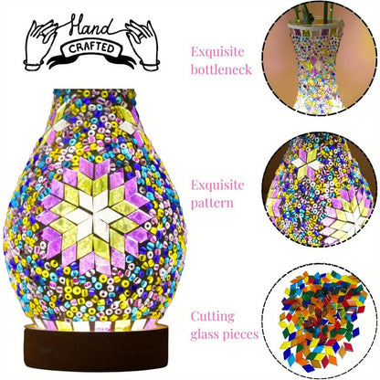 Mosaic Vase Lamp Turkish Moroccan Handmade Colorful Glass Table Lamp with Wooden Base – USB Plug-In Boho Night Light, Flower Vase Lamp for Bedroom Living Room Decor, Bohemian Mosaic Desk Lamp Gift