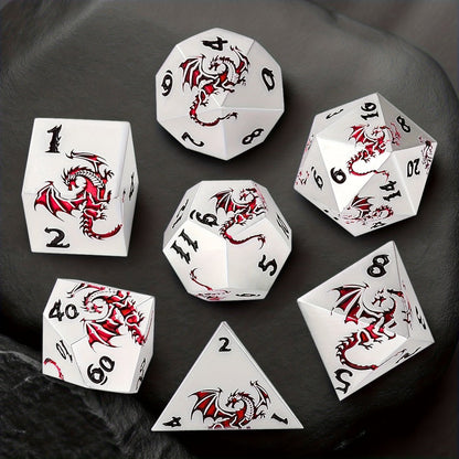 Dragon Metal Dice Set 7pcs Hand-Polished – Retro Carved Dragon Pattern Polyhedral DnD TTRPG RPG Dice with Dragon Storage Bag, D4 D6 D8 D10 D12 D20, Bronze Silver Black Blue White Cyan