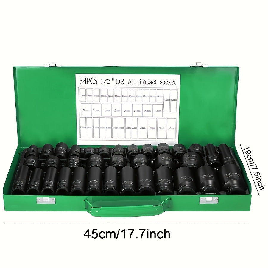 34pcs Impact Socket Set with 1/2" Drive Or 53pcs Tool Set Or 47pcs Impact Socket Set with 3/8" Drive, SAE (5/16" to 3/4") And Metric (8 to 22mm) Sizes, 6-point Design, Including Ratchet Handle, Extension Rod And Connector, Cr-V