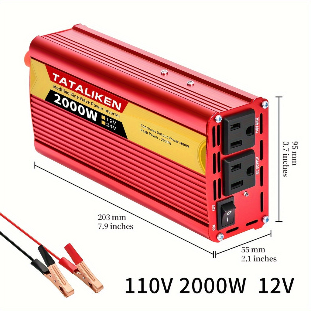 Portable Power Inverter 2000W (peak), DC 12V to AC 110V Converter, US Standard Socket, Built-in Cooling Fan And Overload Protection, Suitable for Road Trips, Vacations, Outdoor Activities And Emergency Use, Battery Not Included.