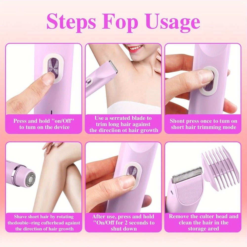 Electric Hair Removal Shaver Women 2-in-1 Dual Head USB Rechargeable - Stainless Steel Blades Cordless Epilator for Face Legs Bikini Line Underarms Intimate Areas - Pink Purple Blue