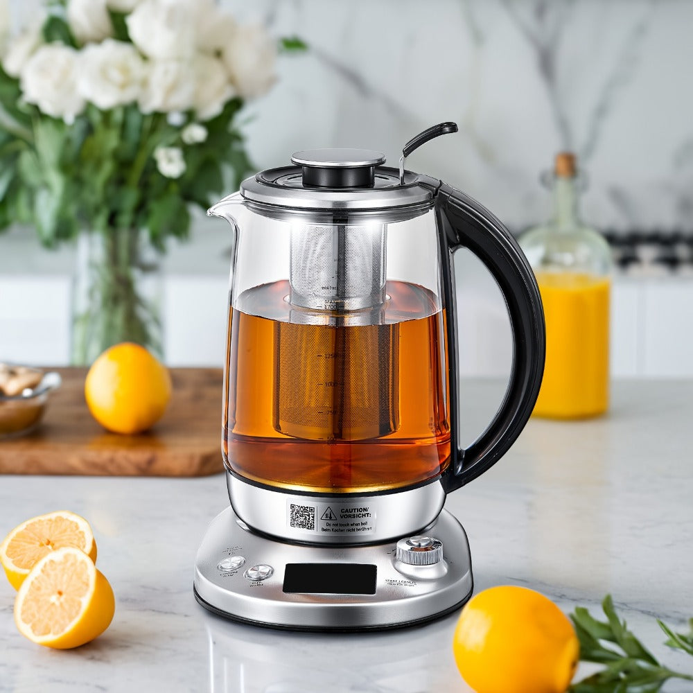 Electric Tea Kettle with 9 Temperature Control Presets – 1.7L Borosilicate Glass Kettle, 1200W, Removable Infuser, 2-Hour Keep Warm, Stainless Steel Hot Water & Tea Pot for Home & Office