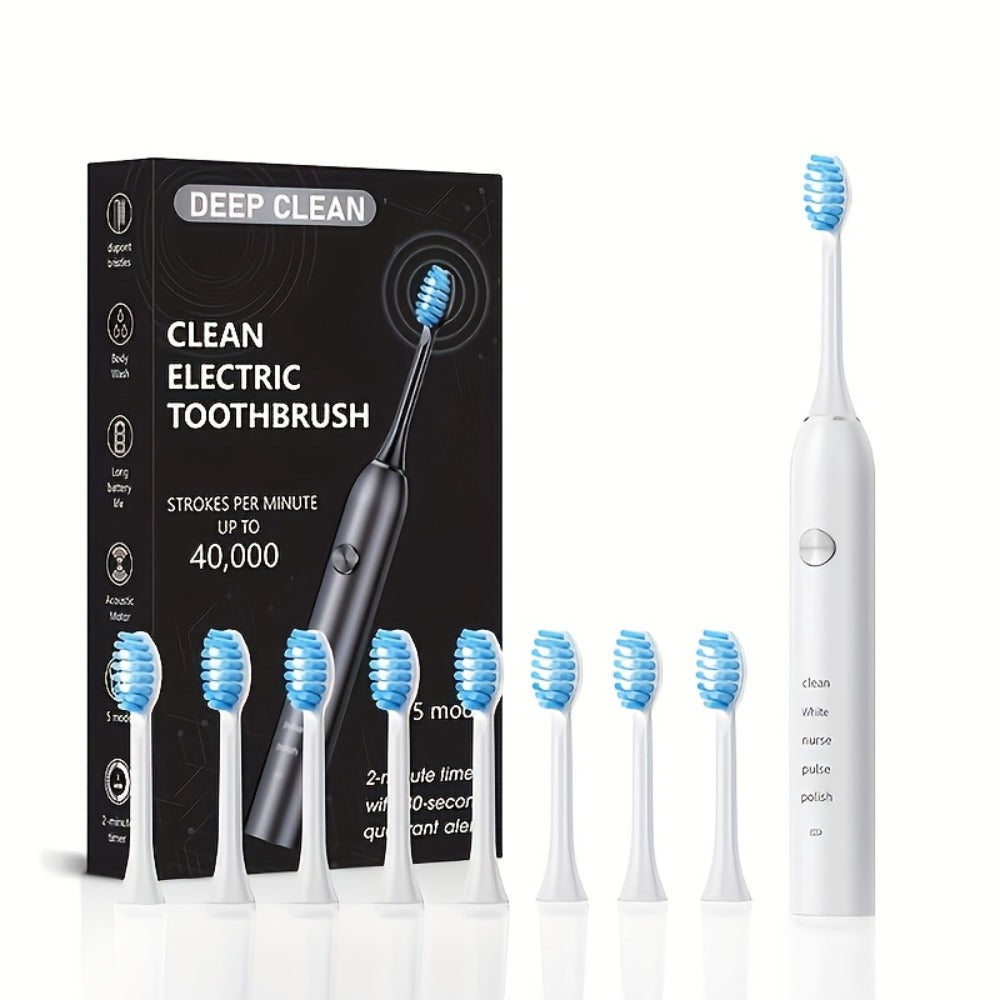 Sonic Electric Toothbrush – 5 Vibration Modes, Soft Bristle, Type-C Fast Charging, Waterproof, Deep Clean & Teeth Whitening Rechargeable Power Toothbrush for Men & Women, 4 or 8 Brush Heads