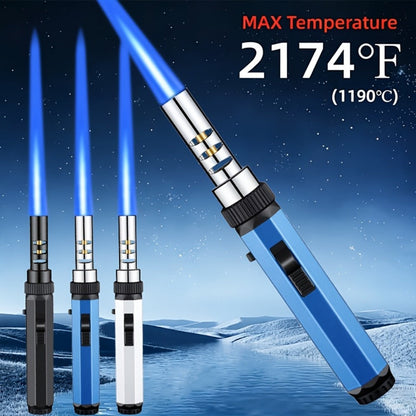 Windproof Jet Flame Torch Lighter with Safety Lock & Switch Lock, Large Adjustable Flame, Outdoor Torch for Campfire BBQ Baking Camping, Gas Not Included, Black Silver Blue