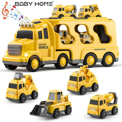 Construction Carrier Truck Toy Set for Kids Ages 3-7 – Large Transport Truck with 4 Mini Engineering Vehicles Excavator Crane Cement Mixer Bulldozer Friction Powered Yellow Gift Boys Girls