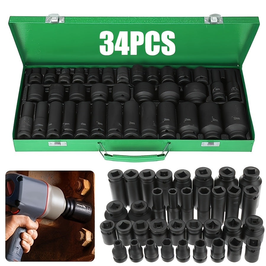 34pcs Impact Socket Set with 1/2" Drive Or 53pcs Tool Set Or 47pcs Impact Socket Set with 3/8" Drive, SAE (5/16" to 3/4") And Metric (8 to 22mm) Sizes, 6-point Design, Including Ratchet Handle, Extension Rod And Connector, Cr-V