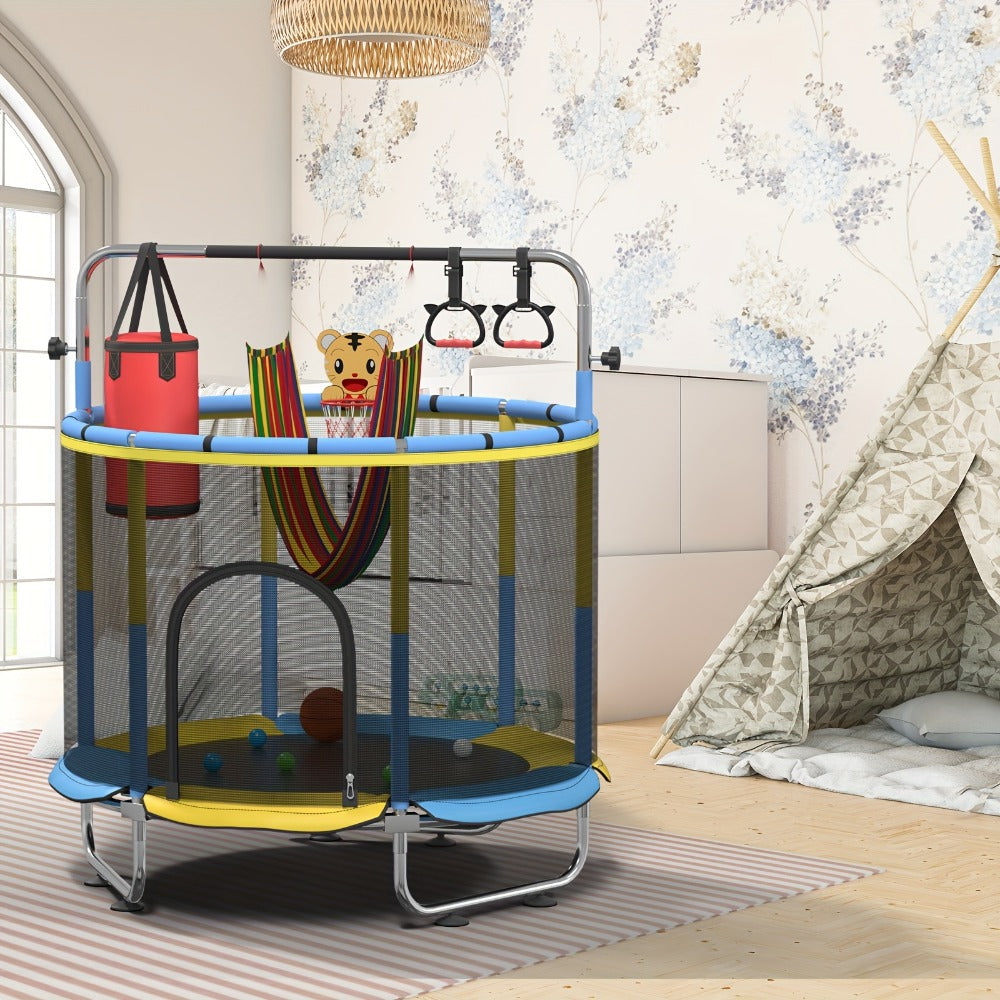 Kids Trampoline with Enclosure and Gymnastics Bar – 60" Height Adjustable Safety Net Trampoline for Toddlers Ages 3+, Indoor Outdoor Active Play with Toys Included | Best Birthday Gift