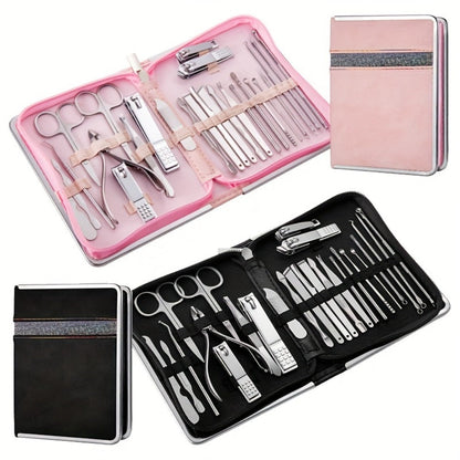Manicure Pedicure Set 26pcs Pink Stainless Steel – Precision Nail Clippers Cuticle Nipper & Dead Skin Scissors 45° Blade Professional Grooming Kit for Women & Men, Elegant Gift Set Birthday Holiday
