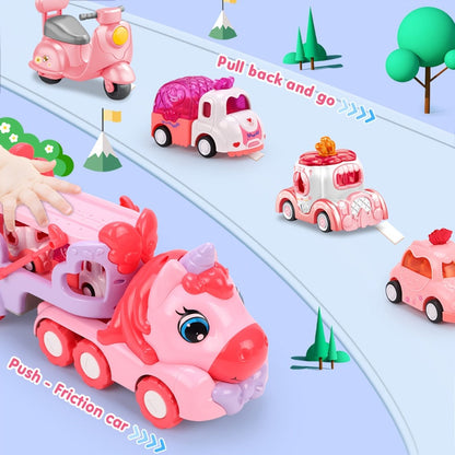 Pink Carrier Truck Toy with 4 Mini Cars, Music & Lights – Battery Powered Pull-Back Transport Vehicle for Girls Boys Ages 3+, Holiday Birthday Christmas Gift