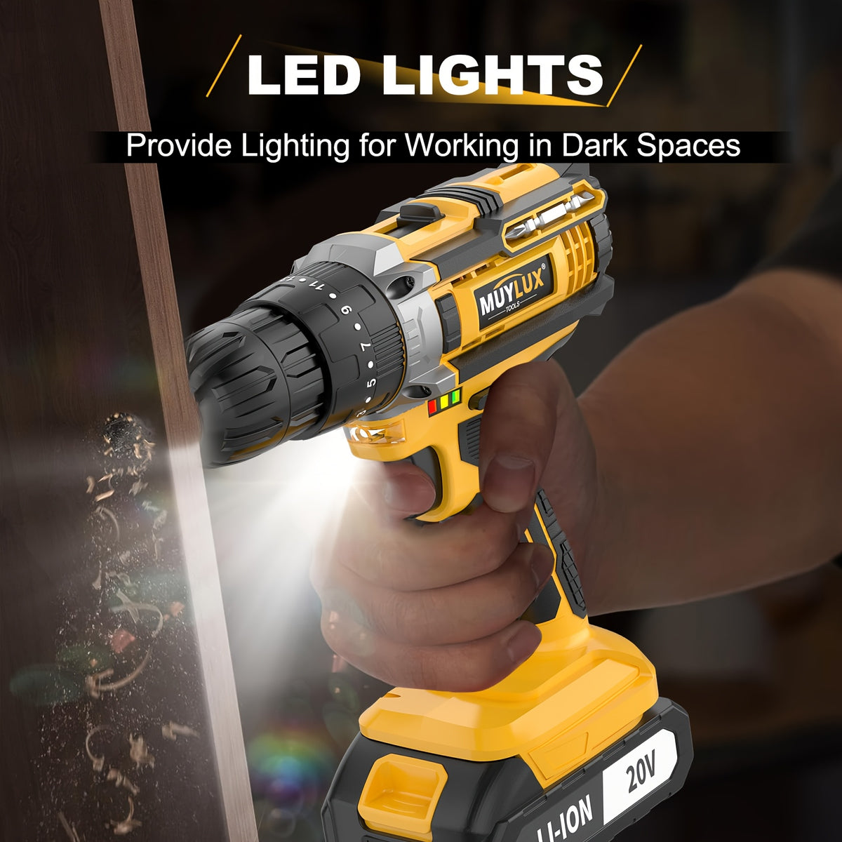 20V Cordless Drill Set, Impact Power Drill with 3/8 Inch Keyless Chuck, 18+3 Clutch Electric Drill with Work Light, Max Torque 45Nm, 2-Variable Speed And 2.0AH Batteries And Fast Charger
