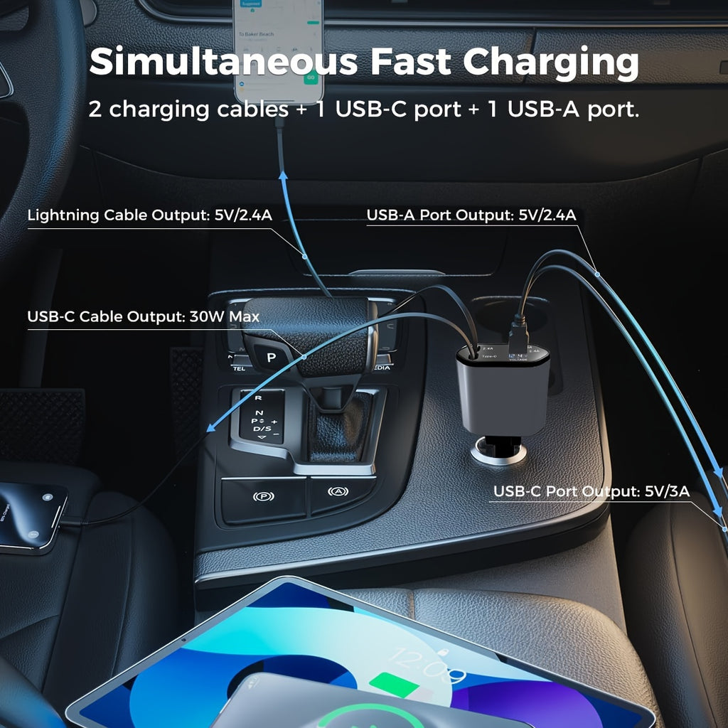 Retractable Car Charger 4in 1 Fast Car Phone Charger, Type C/IOS Car Charger Adapter with 2X Retractable Phone Charger Cables And 2X USB Ports for iPhone 15/14/13/12 Max, Samsung S24/S23, Google Smartphon