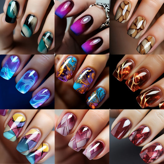 Marble Nails 216 Pieces 9 Packs Medium Square Glossy Press On Nails – Striped Gradient Flames Marble Designs Brown Blue Purple Reusable Full Cover Fake Nails for Women Girls