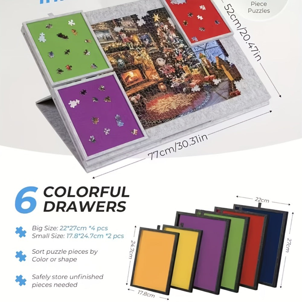 Jigsaw Puzzle Board with 6 Colored Drawers for 1000 & 1500 Piece Puzzles – Portable Tilting Felt Mat, 2-in-1 Bracket Cover, Lightweight Puzzle Storage Organizer for Adults