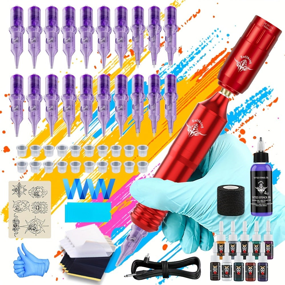 Rotary Tattoo Machine Kit 67pcs – Complete Wireless Tattoo Pen Set with Cartridge Needles, Power Supply, Practice Skin, Inks & Transfer Paper for Beginners & Artists