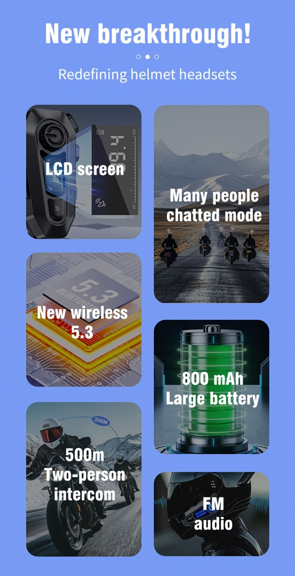 Motorcycle Helmet Bluetooth Intercom Headset 500M Range Bluetooth 5.3 LED Display Noise Cancelling Voice Control FM Radio Music Sharing for Off-Road Riding