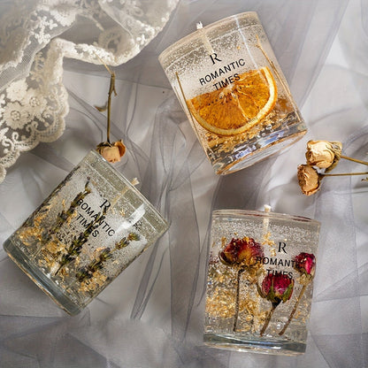 Soy Candle with Real Flowers 7.4oz Essential Oils 50-Hour Burn Floral Scented Elegant Glass Jar Velvet Rose Lavender Orange for Home Decor Relaxation Gift