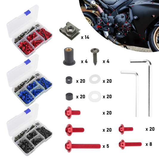 177pcs Motorcycle Fairing And Body Screw Kit, CNC Anodized Aluminum, Assorted Colors, Universal Fit for Most Motorcycles