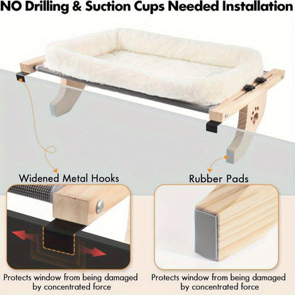 Cat Window Frame Hammock Adjustable - Durable Frame Cat Bed with Paw Print Pattern, Easy Install Window Sill Bedside Cabinet Perch, Large Cat Hammock Lounger with Safety Fixation, Indoor Cat Furniture