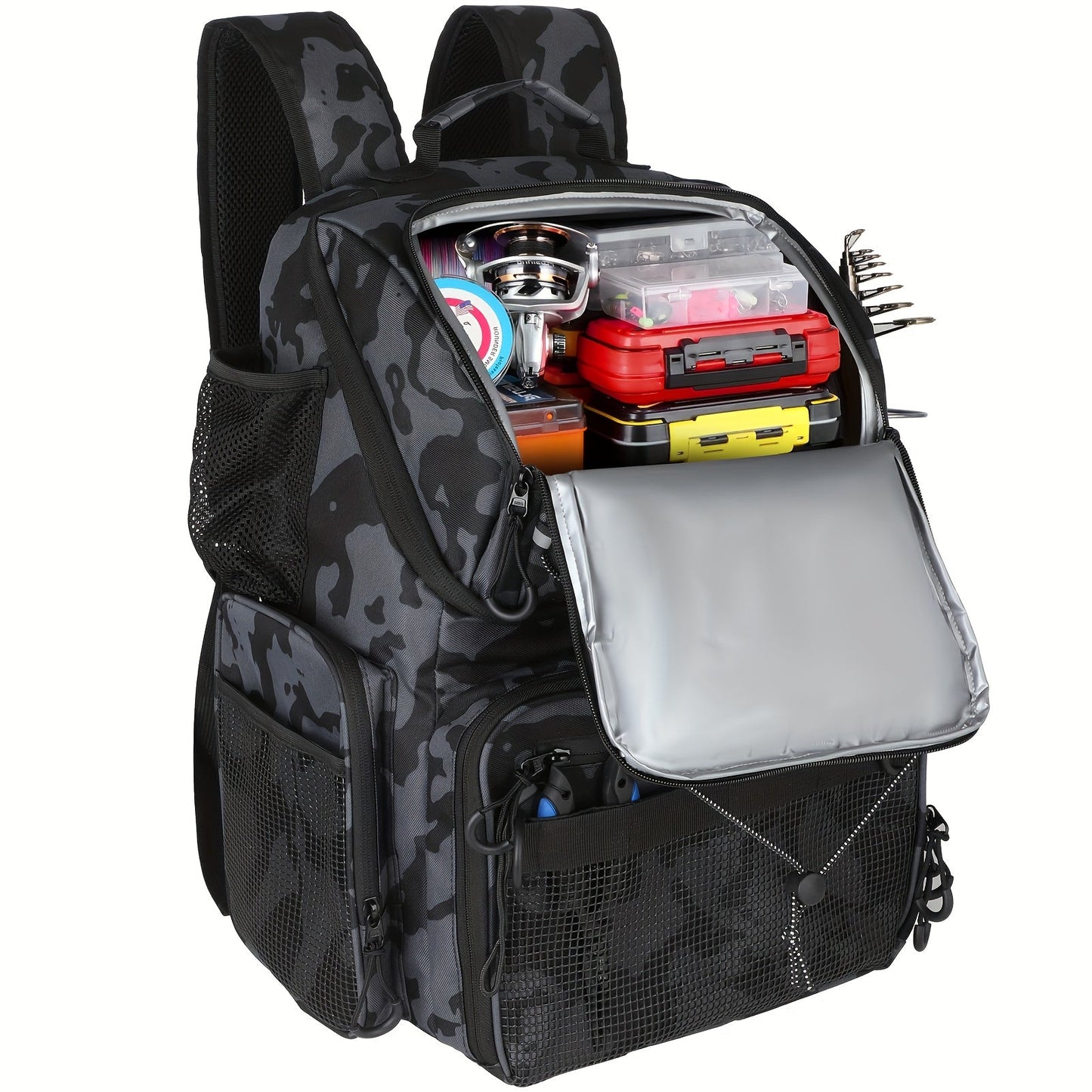 Waterproof Fishing Rod Backpack 42L – Built-In Rod Tube, 16 Pockets & Insulated Cooler Option | Black, Camo, Khaki, Gray