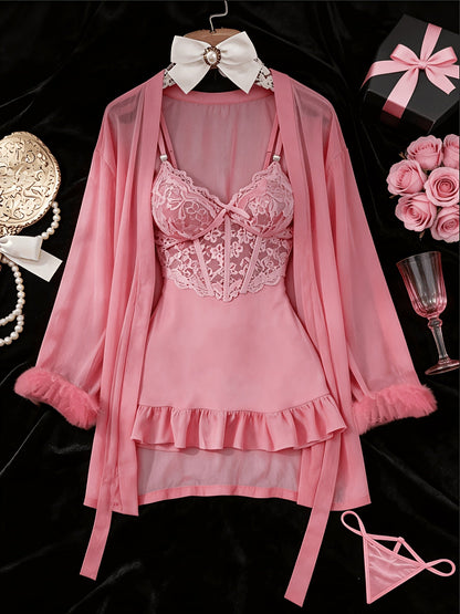 Women's 3-Piece Sheer Lace Babydoll Set - Robe and Panty