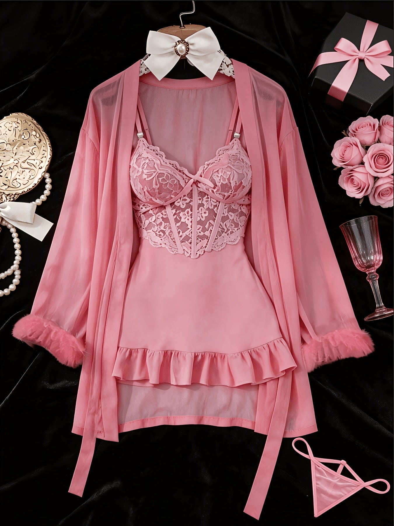 Women's 3-Piece Sheer Lace Babydoll Set - Robe and Panty