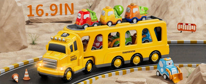 Transport Construction Truck Toy for Boys – 16.9 Inch Large Carrier Truck with 6 Cars, Lights & Sounds, Push & Go Vehicle Playset for Kids Toddlers, Birthday Christmas Gift for Boys Girls