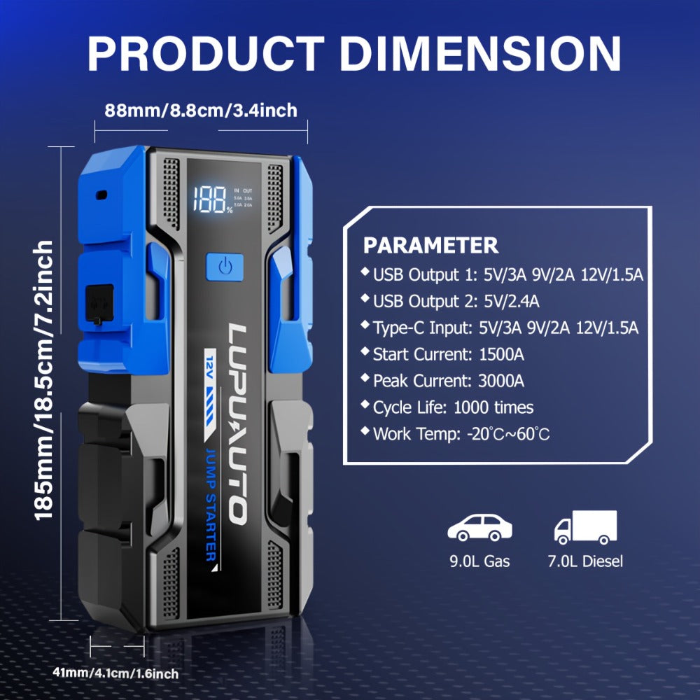 5000A Portable Jump Starter for Gas up to 9.0L Diesel up to 7.0L - Compact Car Battery Booster Pack with Digital Display LED Emergency Light