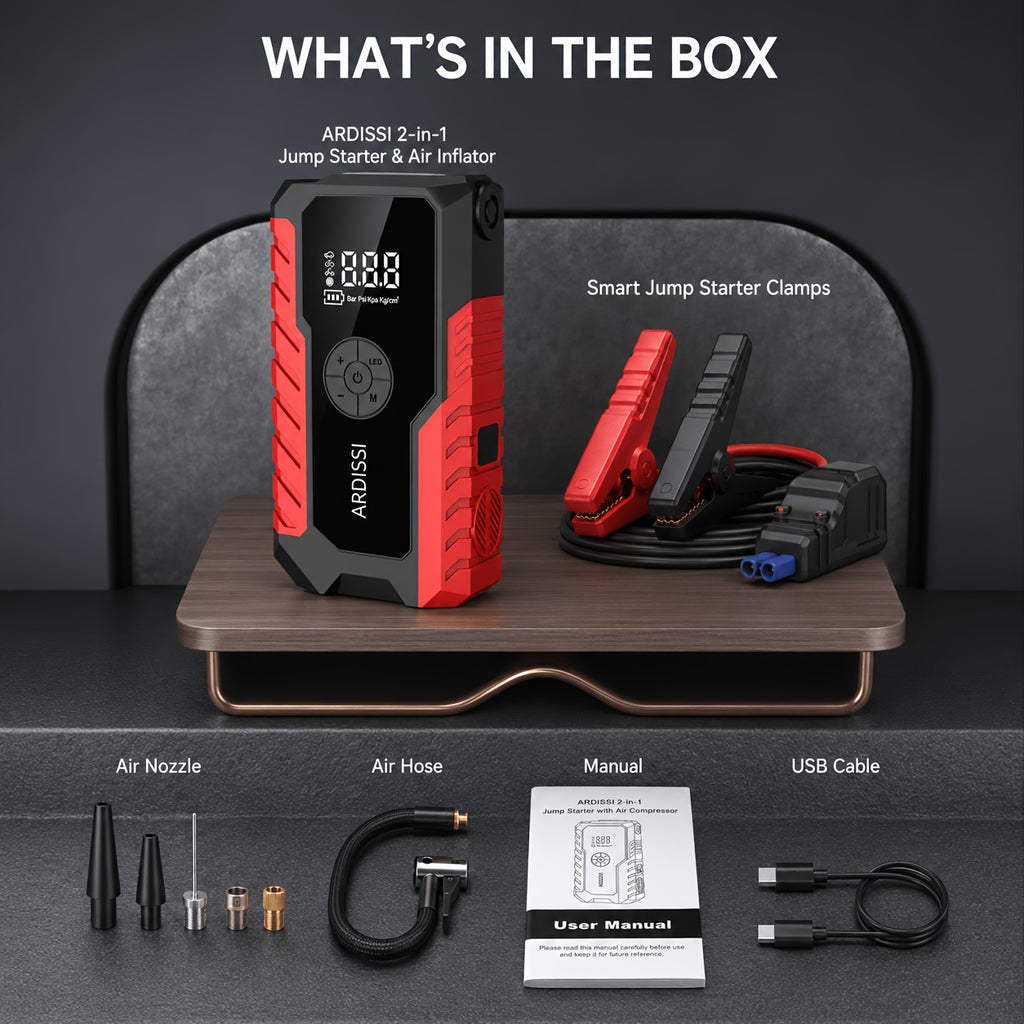 10000A 7-In-1 Multifunctional Emergency Jump Starter with 150PSI Air Pump, Digital Tire Inflator, Portable Car Battery Charger, Up to 2.64gal Gas/2.38gal Diesel, LED Emergency Light & USB Charging, Car Emergency Tool. Suitable As a Holiday Gift