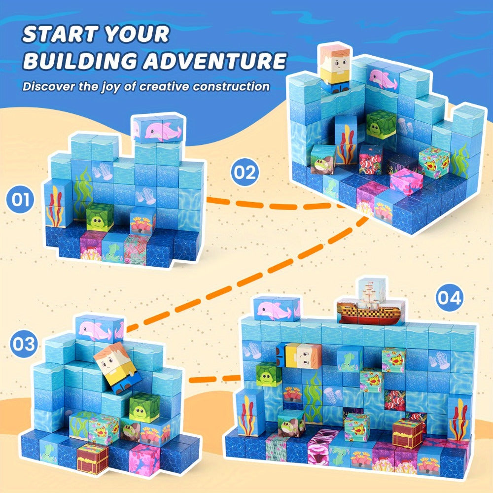 Ocean Adventure Magnetic Building Blocks 54/100pcs – STEM 3D Sea Theme Magnet Tiles Set Vibrant Colors Imagination Hand-Eye Coordination Toy for Kids Ages 3+, Best Birthday Christmas Gift