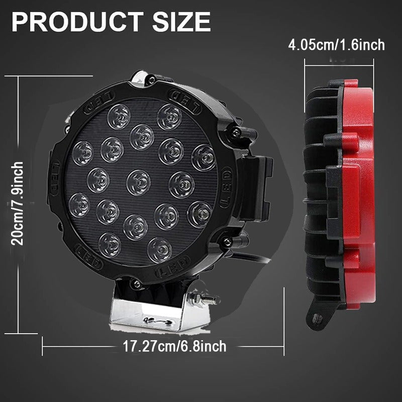 2pcs 7 inch 51W Led Work Lights, 12V-24V Round Off-road Lights for Tractor, Car