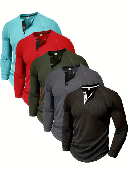Men's Solid Color Casual Shirt - Crew Neck Long Sleeve
