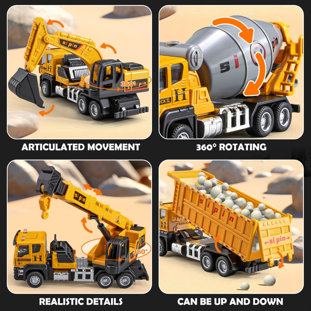 Die-Cast Construction Vehicle Toy Set – Mini Alloy Excavator, Dump Truck, Cement Mixer & Crane Trucks for Toddlers Boys Ages 3+, No Battery Needed, Birthday Christmas Gift